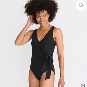 Lands End SlenderSuit Wrap One Piece 14L Tummy Control Side Tie Black Swimsuit